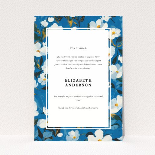 Floral funeral thank you card design with one photo and elegant script text on a blue background