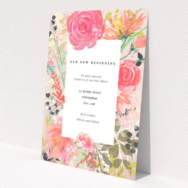 Floral change of address card with one photo placeholder and colourful flower design.