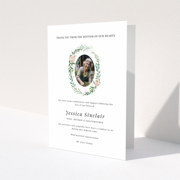 Floral funeral thank you card with one photo for expressing gratitude after bereavement