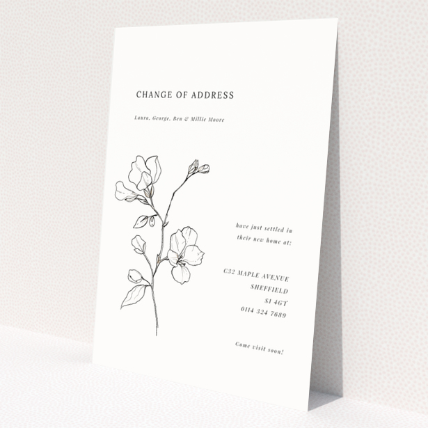 Change of address card design with floral illustration and dummy text, no photos present