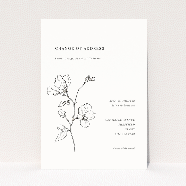 Change of address card design with floral illustration and dummy text, no photos present