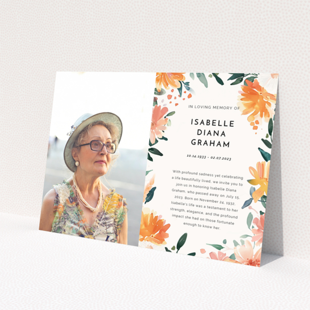 Floral funeral announcement with one photo of elderly woman wearing a hat