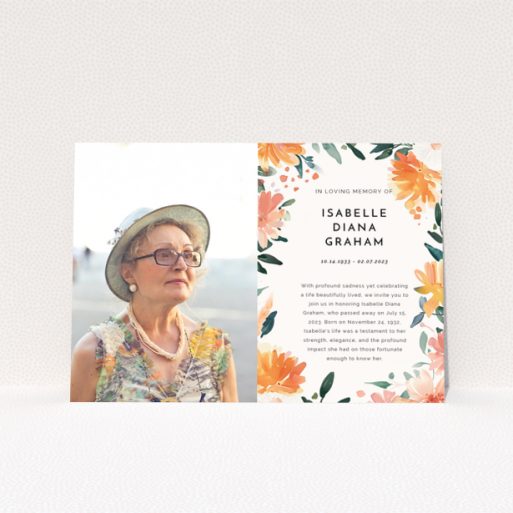 Floral funeral announcement with one photo of elderly woman wearing a hat