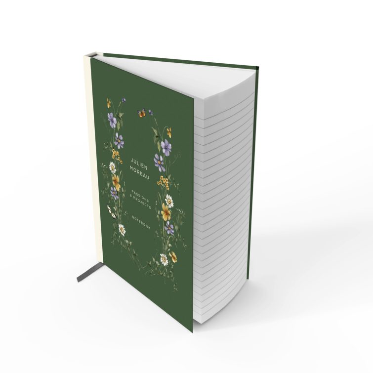 Floral green notebook cover design with butterfly illustration on full cover spread, suitable for personalised stationery.