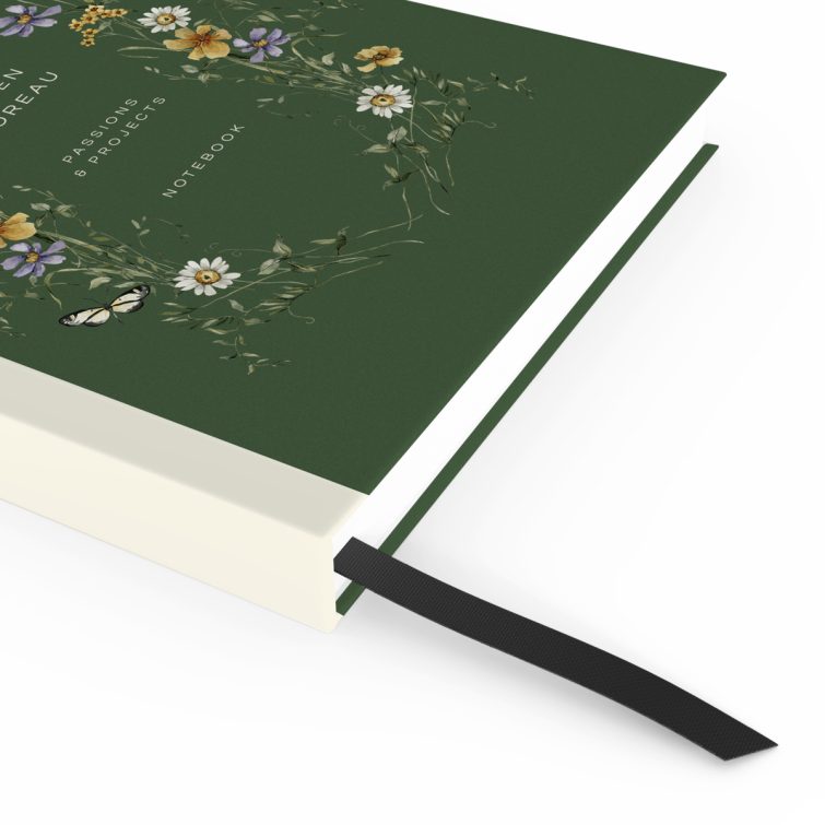 Floral green notebook cover design with butterfly illustration on full cover spread, suitable for personalised stationery.