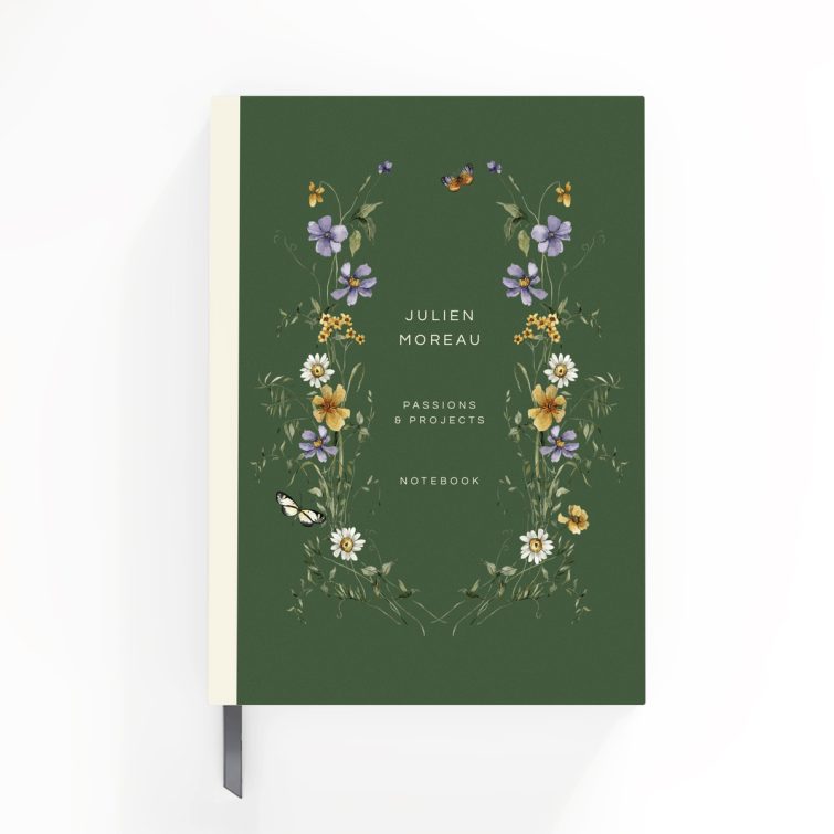 Floral green notebook cover design with butterfly illustration on full cover spread, suitable for personalised stationery.