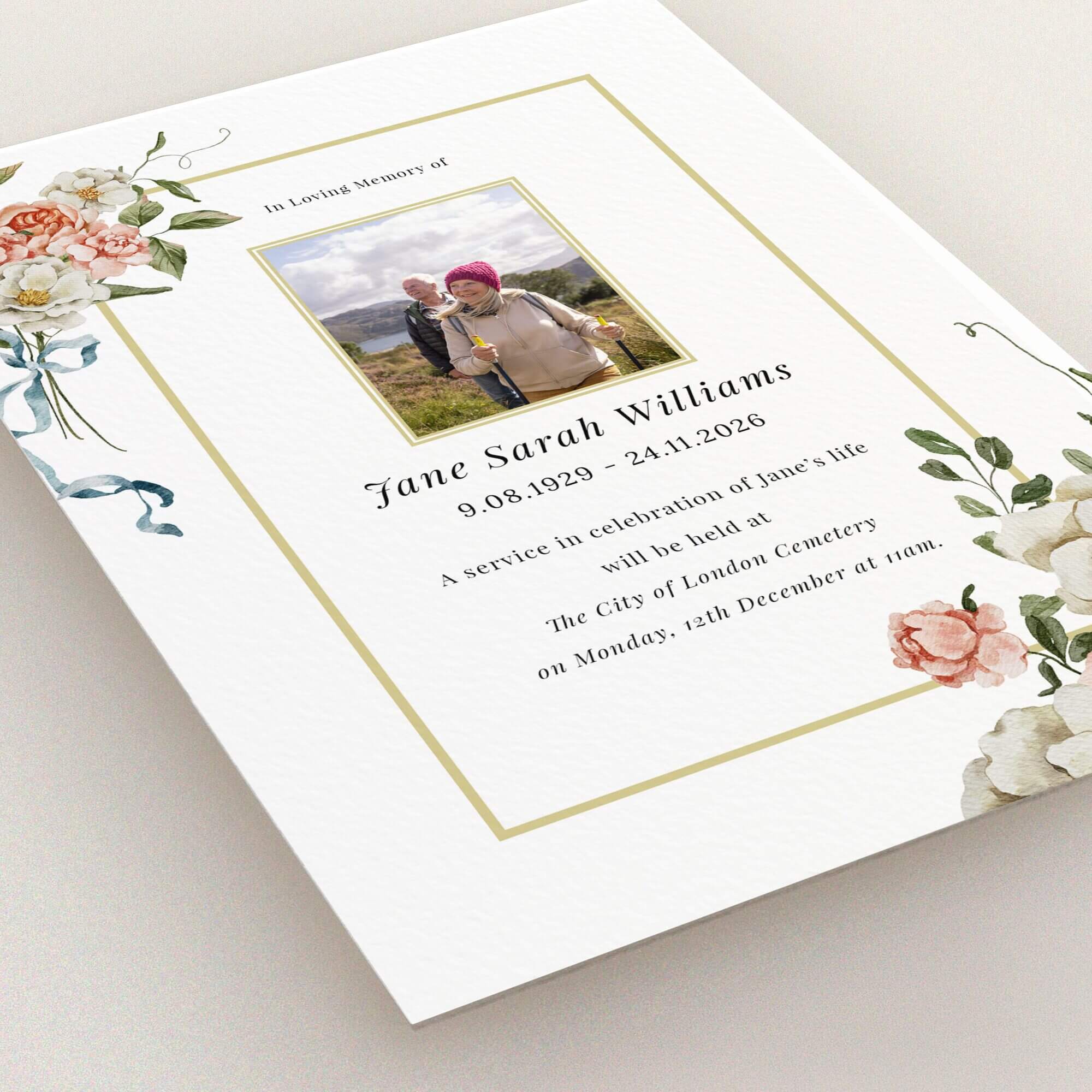 Floral funeral announcement card with one photo featuring a couple outdoors