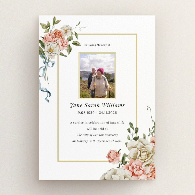Floral funeral announcement card with one photo featuring a couple outdoors