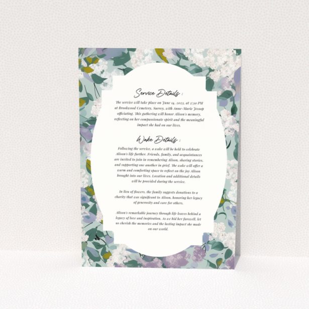 Floral design reverse side of Portrait funeral announcement with dummy text about service and wake details