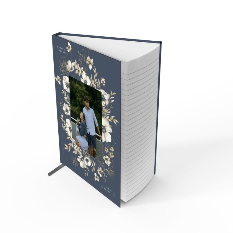 Floral design portrait notebook cover with one photo on the front.