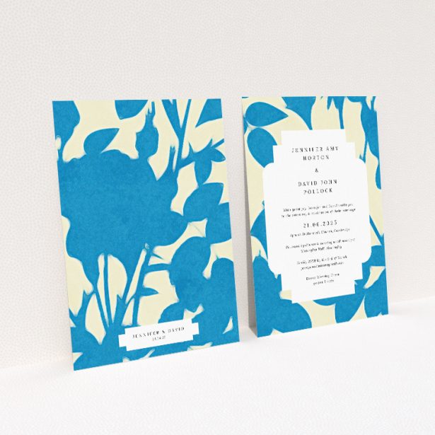 Elegant A5-sized wedding invitation with azure and white floral pattern bordering the edges, reminiscent of a serene garden casting gentle shadows This image shows the front and back sides together