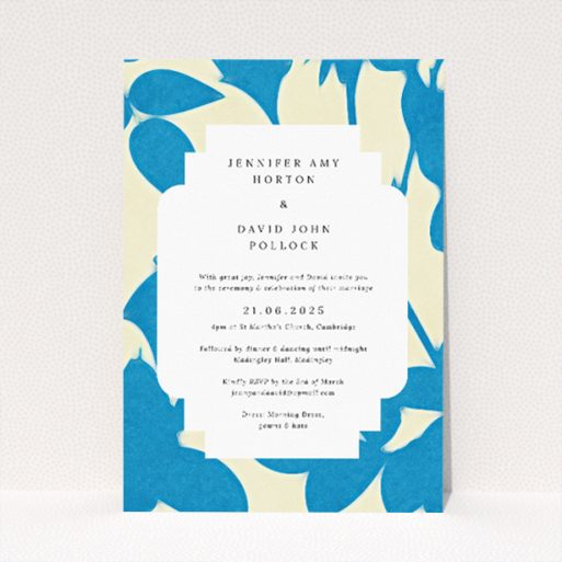 Elegant A5-sized wedding invitation with azure and white floral pattern bordering the edges, reminiscent of a serene garden casting gentle shadows This is a view of the front