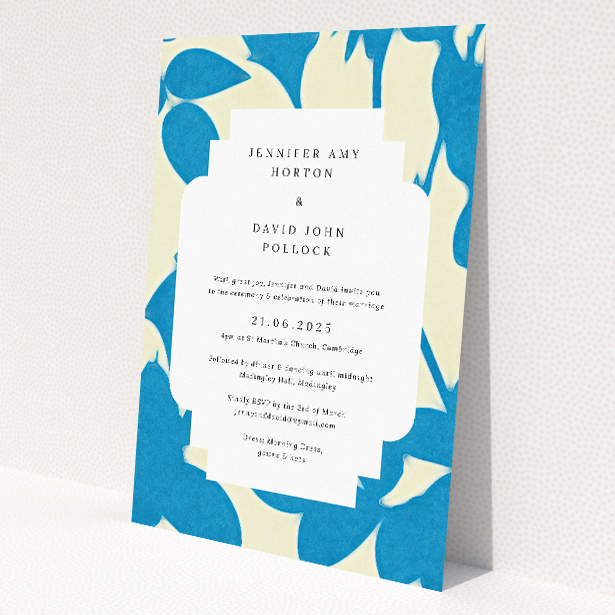Elegant A5-sized wedding invitation with azure and white floral pattern bordering the edges, reminiscent of a serene garden casting gentle shadows This is a view of the front
