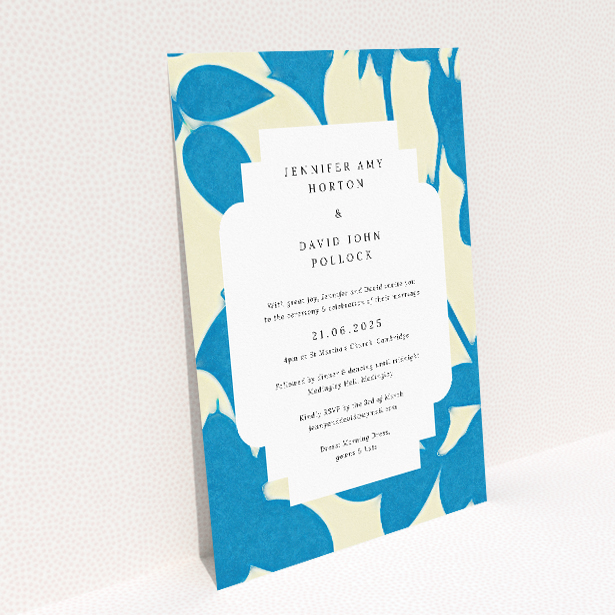 Elegant A5-sized wedding invitation with azure and white floral pattern bordering the edges, reminiscent of a serene garden casting gentle shadows This image shows the front and back sides together