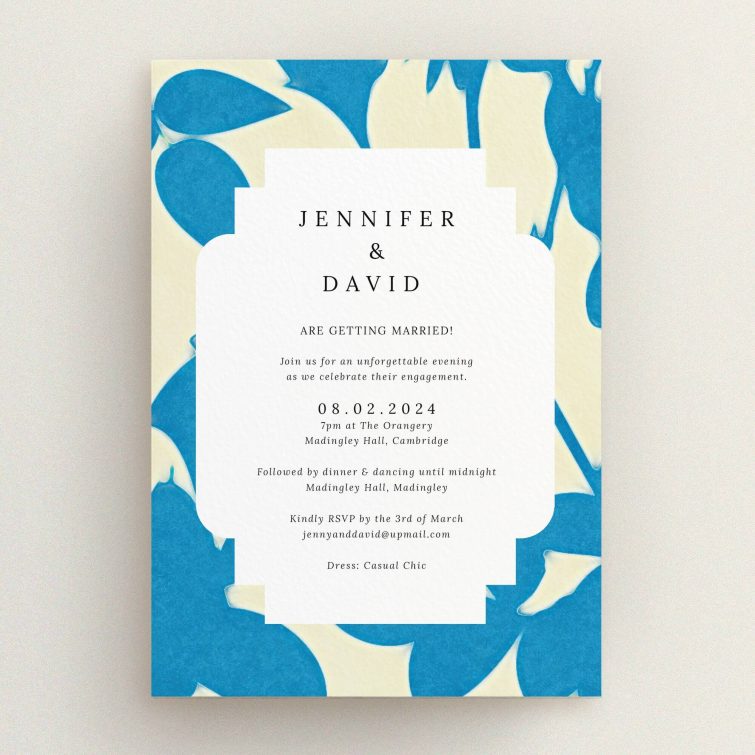 Elegant blue leaf pattern engagement party invitations design with no photos.