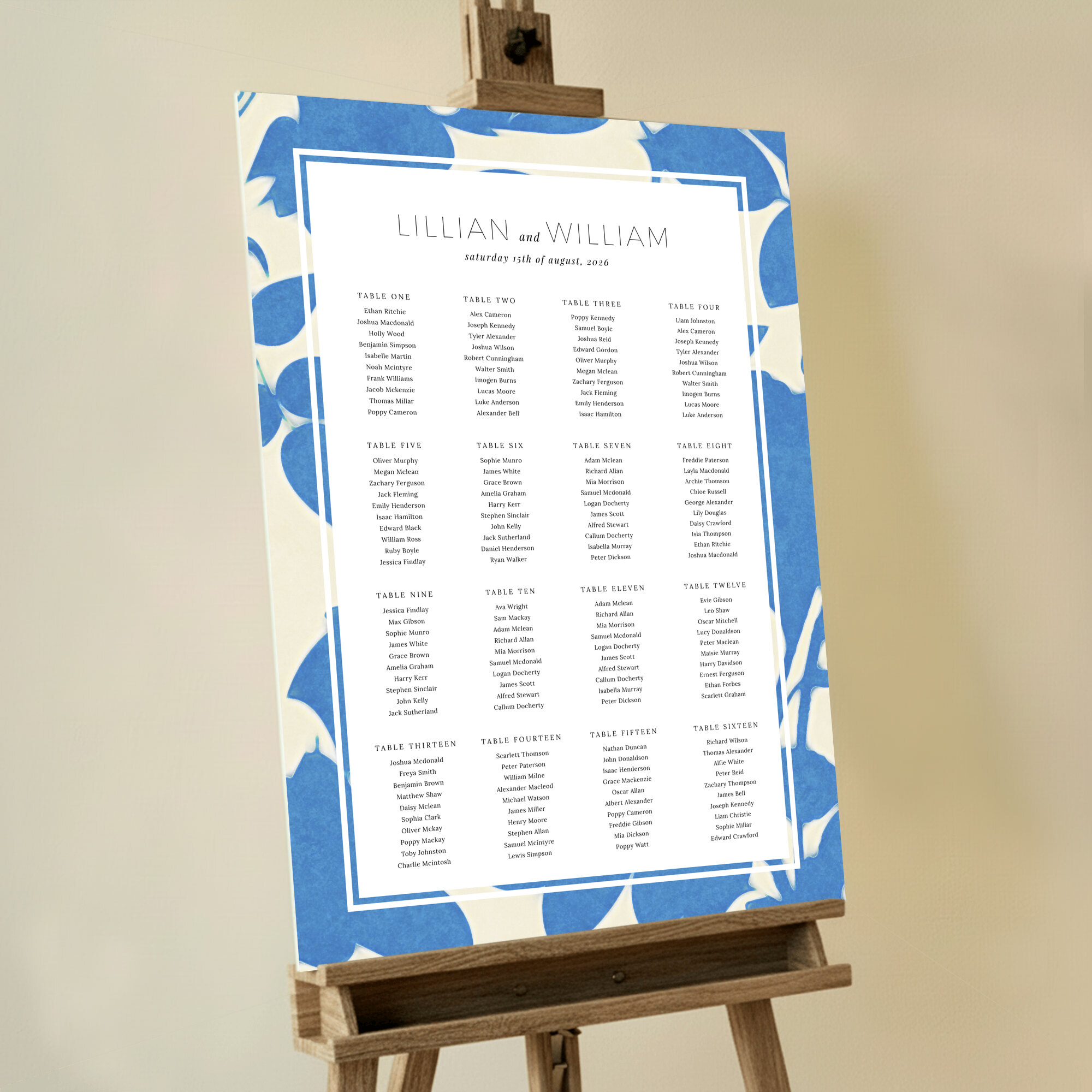 Personalised Floral Shadows Wedding Seating Charts featuring a border made from blue and cream floral shadows, bringing a gentle and airy atmosphere to your spring or summer wedding, perfect for a light and refreshing wedding theme.. This design is formatted for 16 tables.