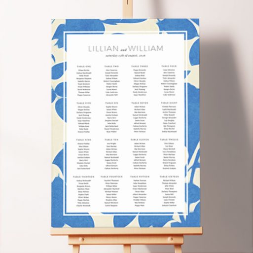 Personalised Floral Shadows Wedding Seating Charts featuring a border made from blue and cream floral shadows, bringing a gentle and airy atmosphere to your spring or summer wedding, perfect for a light and refreshing wedding theme.. This design is formatted for 16 tables.