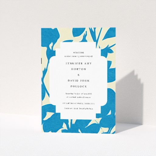 Utterly Printable Floral Shadows Wedding Order of Service A5 Portrait Booklet - Vibrant Blue and White Floral Pattern with Scalloped Border. This is a view of the front