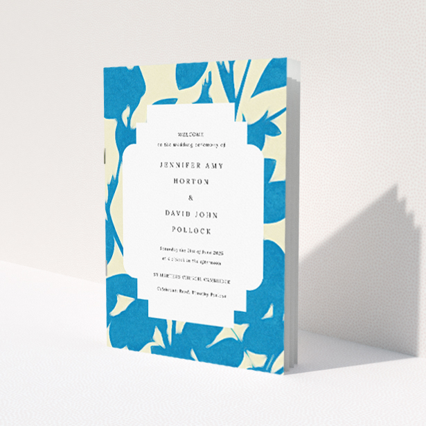 Utterly Printable Floral Shadows Wedding Order of Service A5 Portrait Booklet - Vibrant Blue and White Floral Pattern with Scalloped Border. This is a view of the front