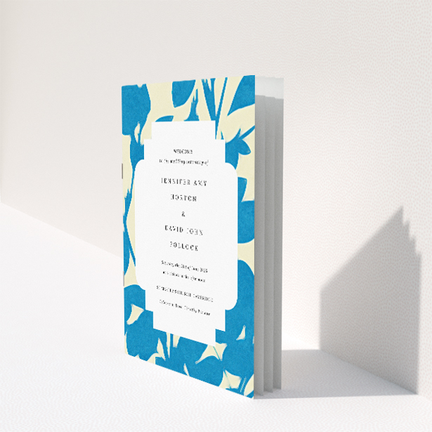 Utterly Printable Floral Shadows Wedding Order of Service A5 Portrait Booklet - Vibrant Blue and White Floral Pattern with Scalloped Border. This image shows the front and back sides together