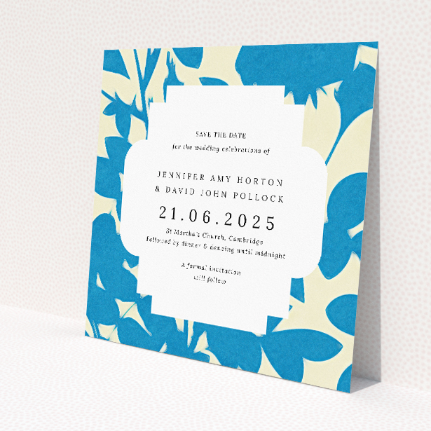 Floral Shadows wedding save the date card featuring unique floral pattern on refreshing blue background with crisp white text box. This image shows the front and back sides together