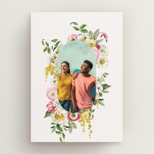 Floral engagement party invitations design with one photo of a couple