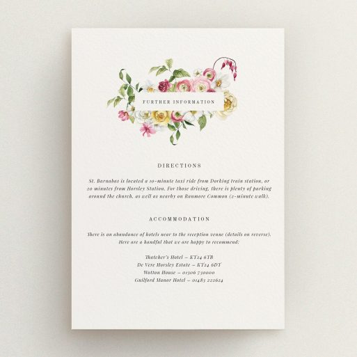 Wedding information card with floral design and four listed hotels