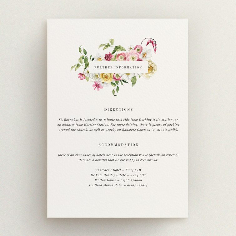 Wedding information card with floral design and four listed hotels