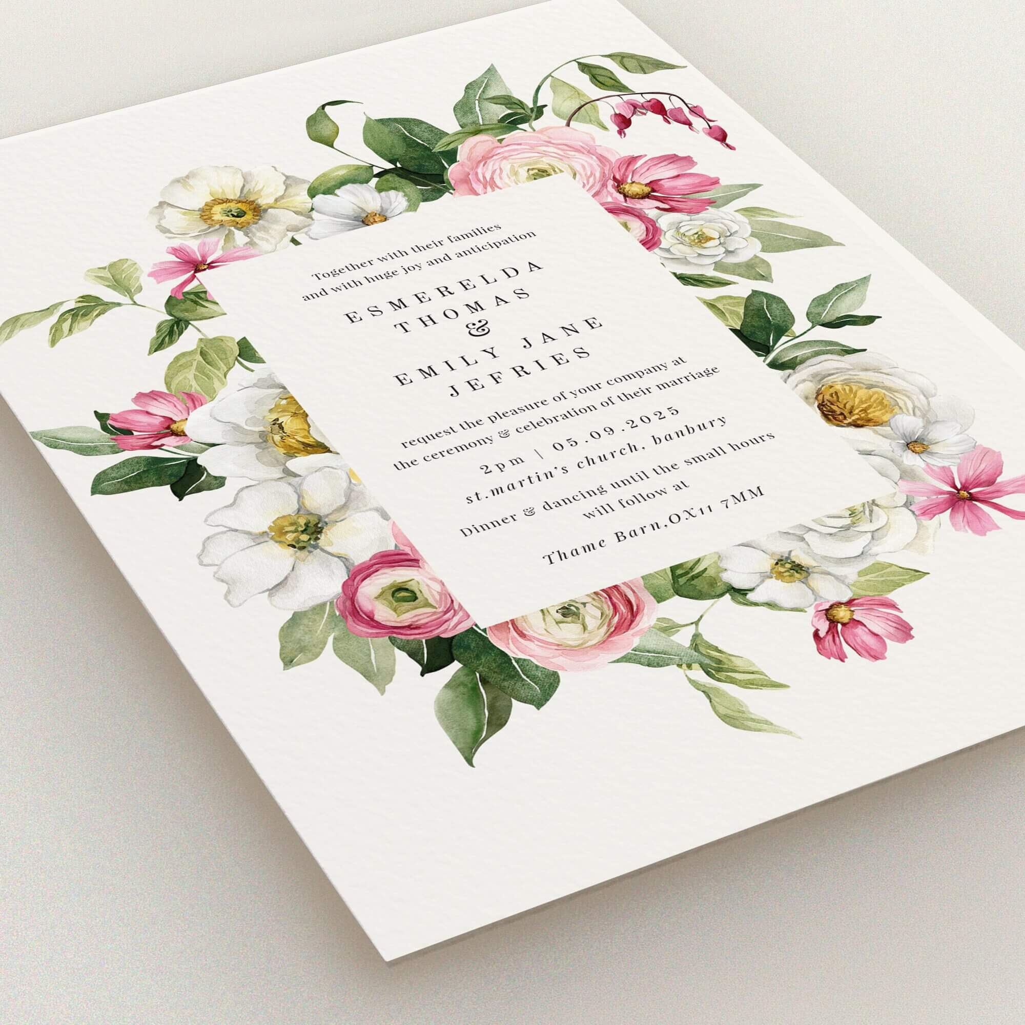 Floral wedding invitation design with elegant typography and no photos.
