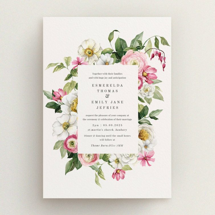 Floral wedding invitation design with elegant typography and no photos.