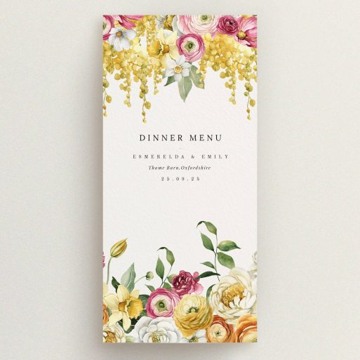 Floral wedding menu card design with colourful flowers, featuring one photo.
