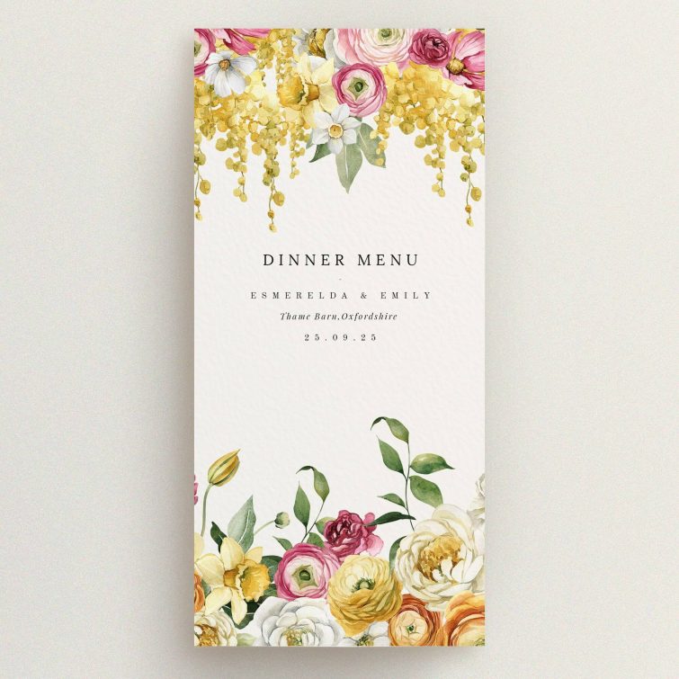 Floral wedding menu card design with colourful flowers, featuring one photo.