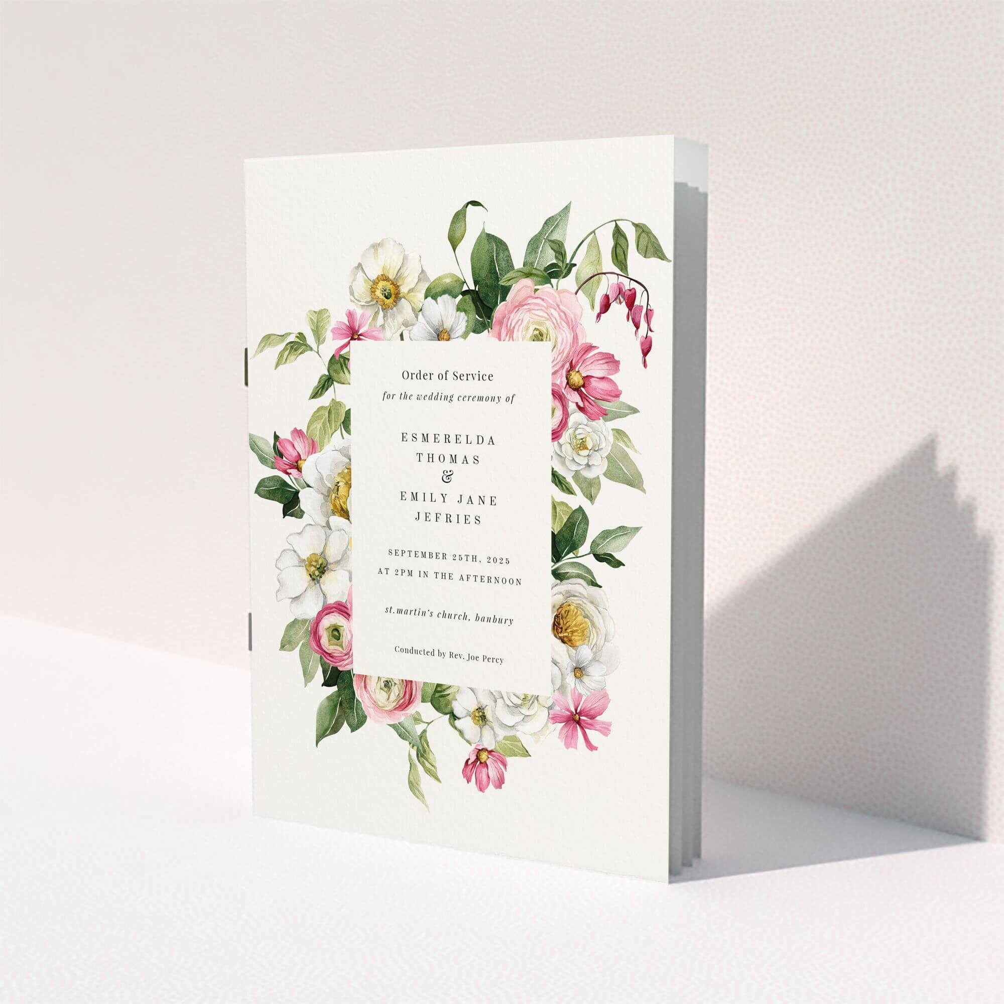 Floral wedding order of service program design with one photo