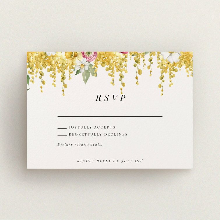 Floral wedding RSVP card design with one photo placeholder and RSVP options.