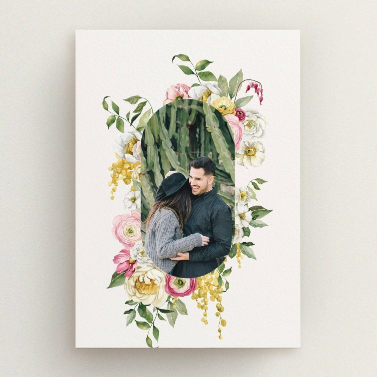 Floral wedding save the date card with one photo