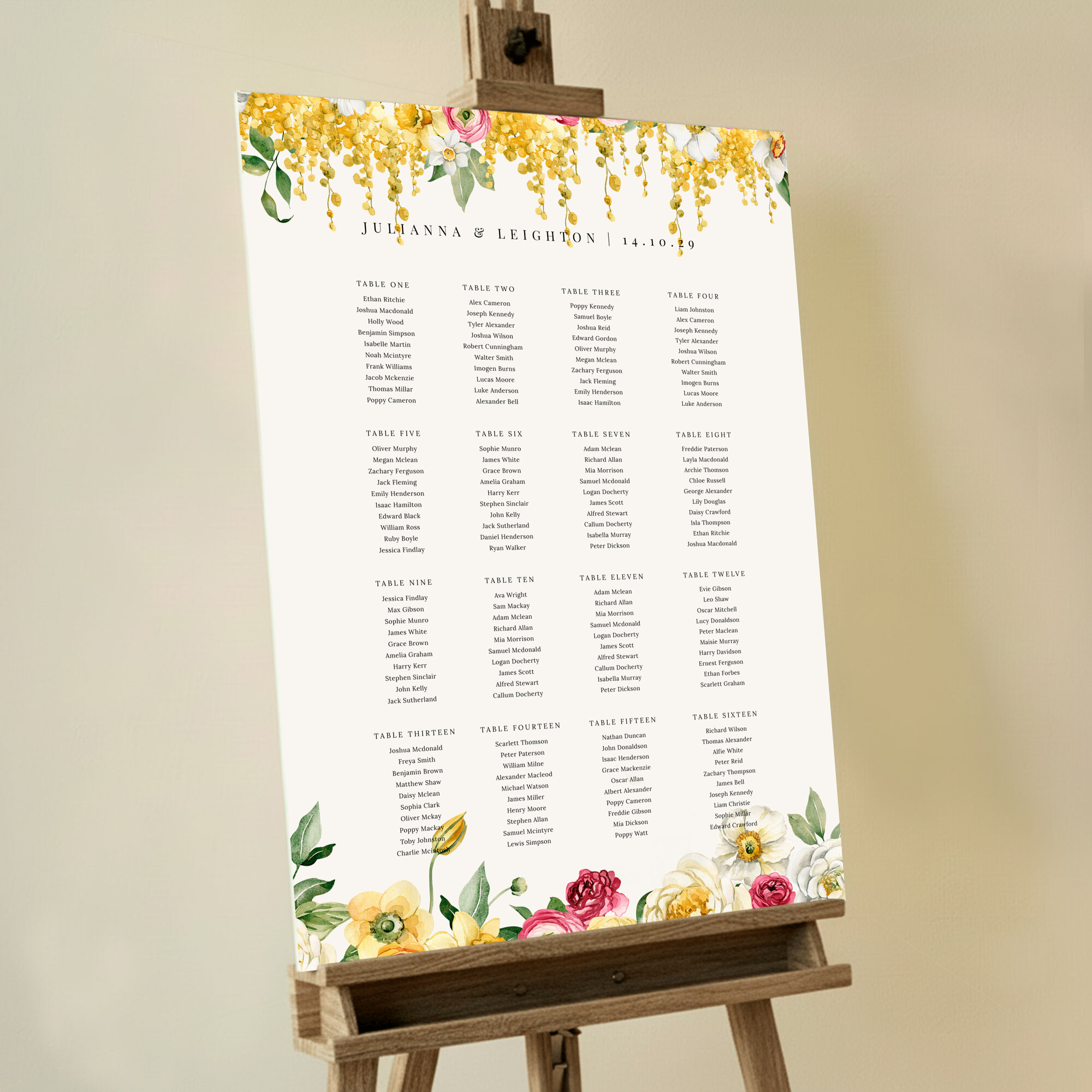 Floral wedding table plan design with 16 tables and vibrant yellow and pink flowers, featuring no photos. This one shows 16 tables.
