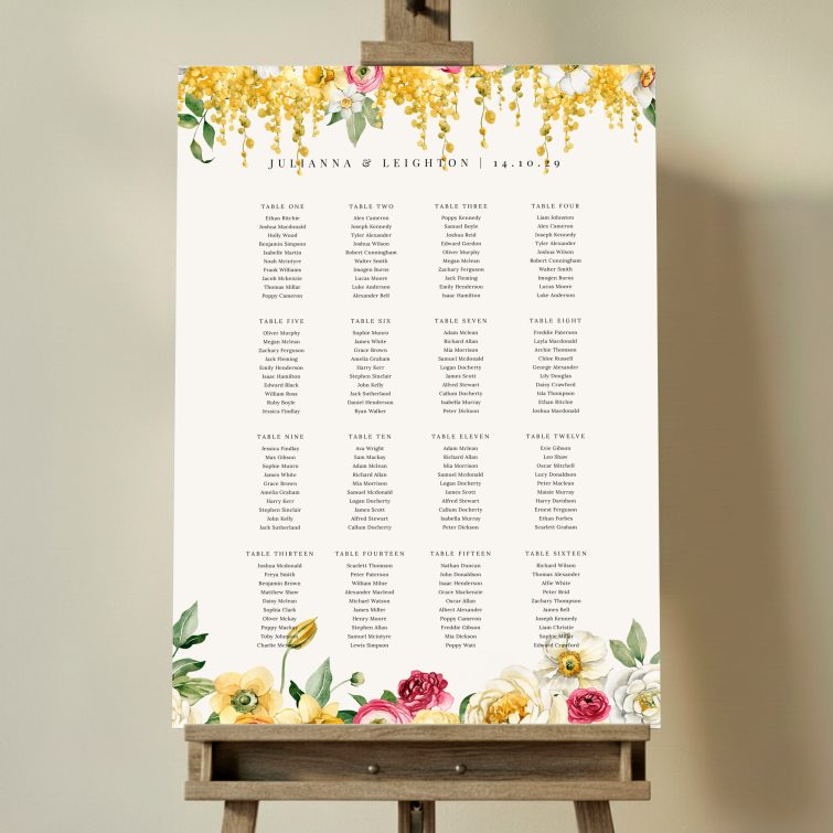 Floral wedding table plan design with 16 tables and vibrant yellow and pink flowers, featuring no photos. This one shows 16 tables.