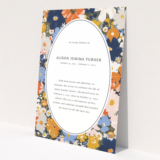 Floral funeral announcement card with one photo space and elegant design.