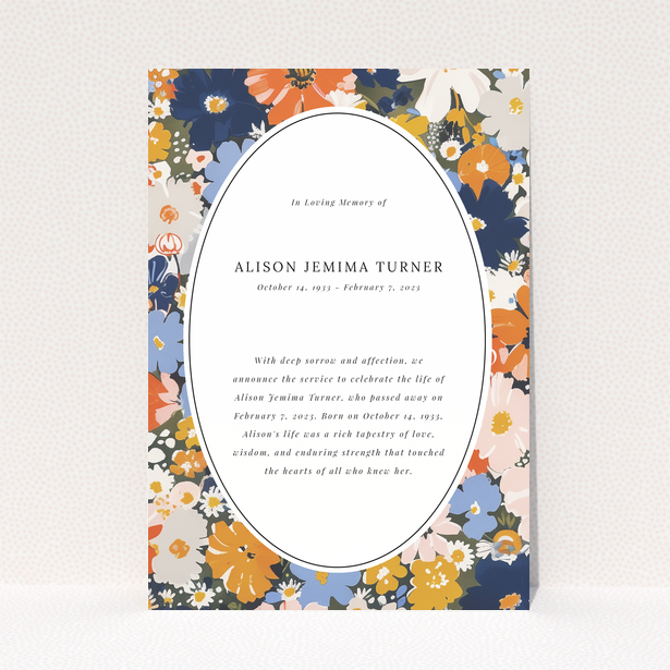 Floral funeral announcement card with one photo space and elegant design.