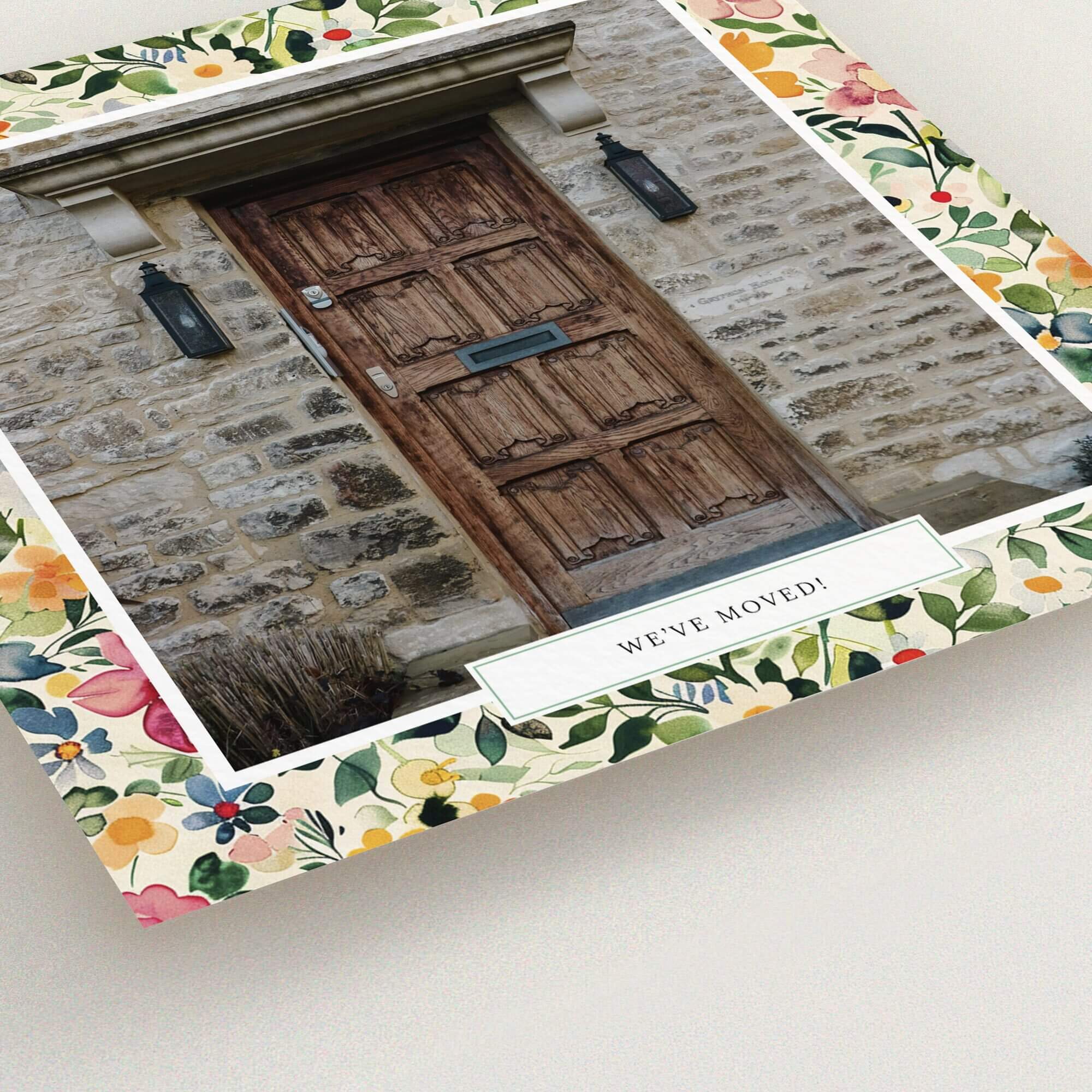 Floral change of address card design featuring one photo of a rustic door.