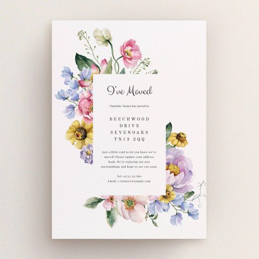 Floral Change of Address Floral change of address card design with three decorative flower illustrations.
