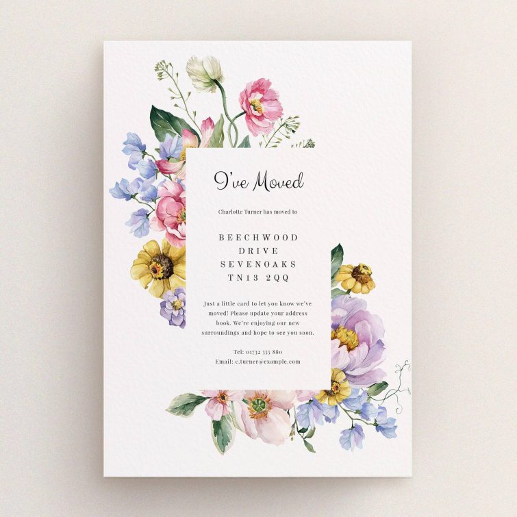 Floral change of address card design with three decorative flower illustrations.