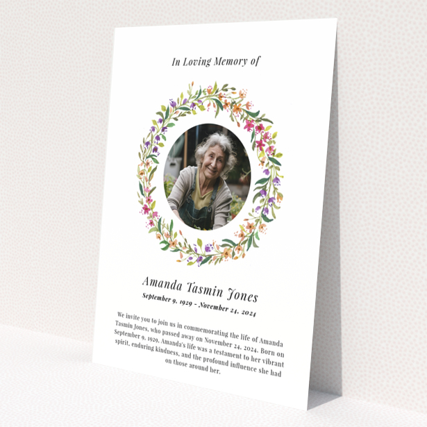 Funeral announcement design with floral wreath and one photo of an elderly woman