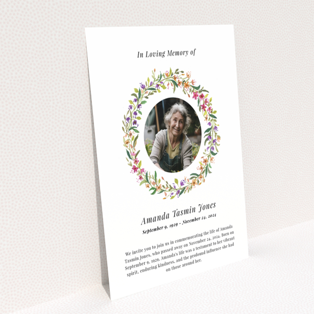 Funeral announcement reverse design Portrait back page with service and wake details text