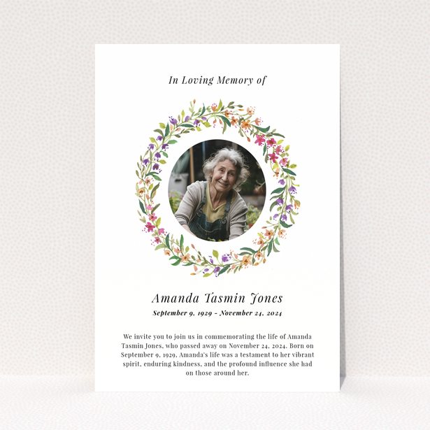 Funeral announcement design with floral wreath and one photo of an elderly woman