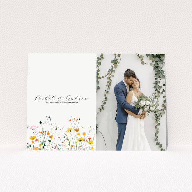 Personalised wedding invitation with floral design and couple photo