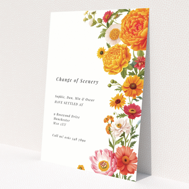 Floral change of address card design with vibrant flowers and one photo.