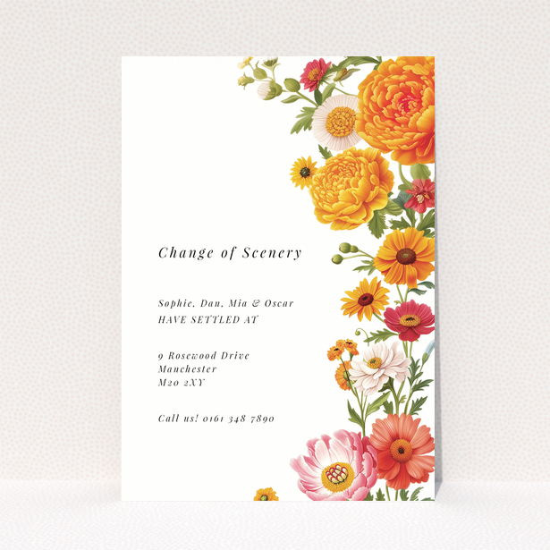 Floral change of address card design with vibrant flowers and one photo.