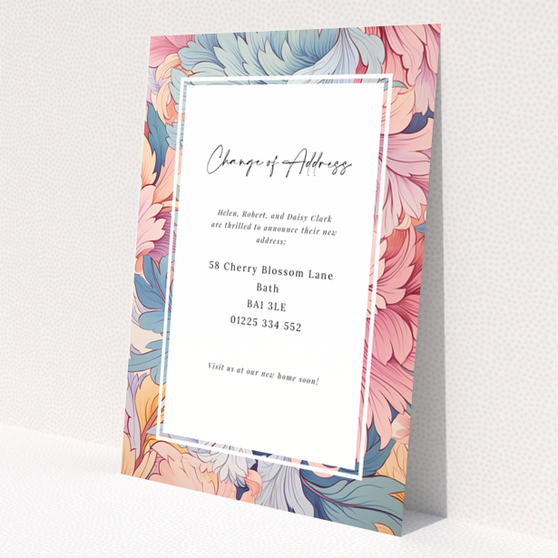 Floral change of address card with no photos featuring elegant calligraphy and colourful background.