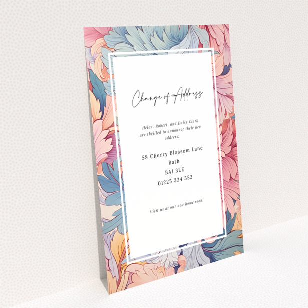 Backside design of Portrait change of address card featuring colourful floral pattern